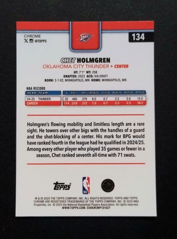 2025-26 Topps Chrome Chet Holmgren #134 Pulsar Refractor