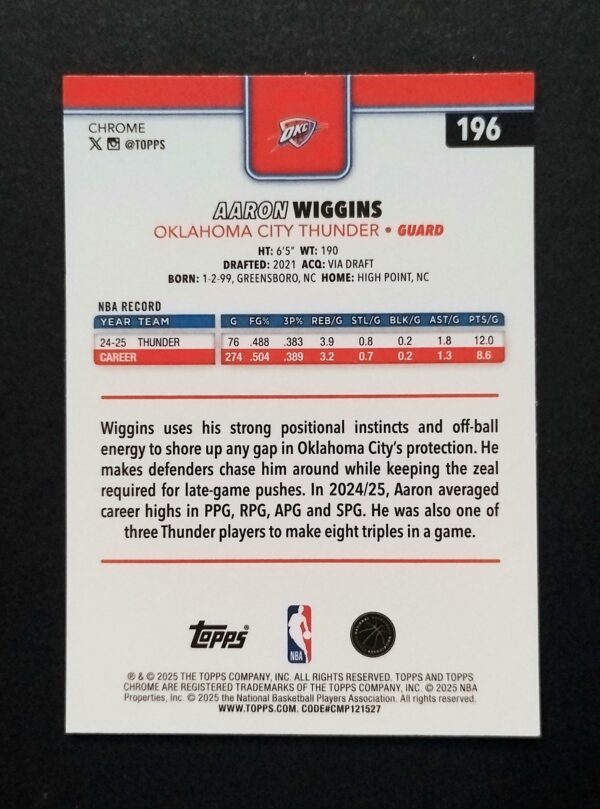 2025-26 Topps Chrome Aaron Wiggins #196 Pulsar Refractor