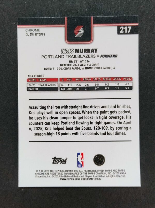 2025-26 Topps Chrome Kris Murray #217 Hyper Prism Refractor