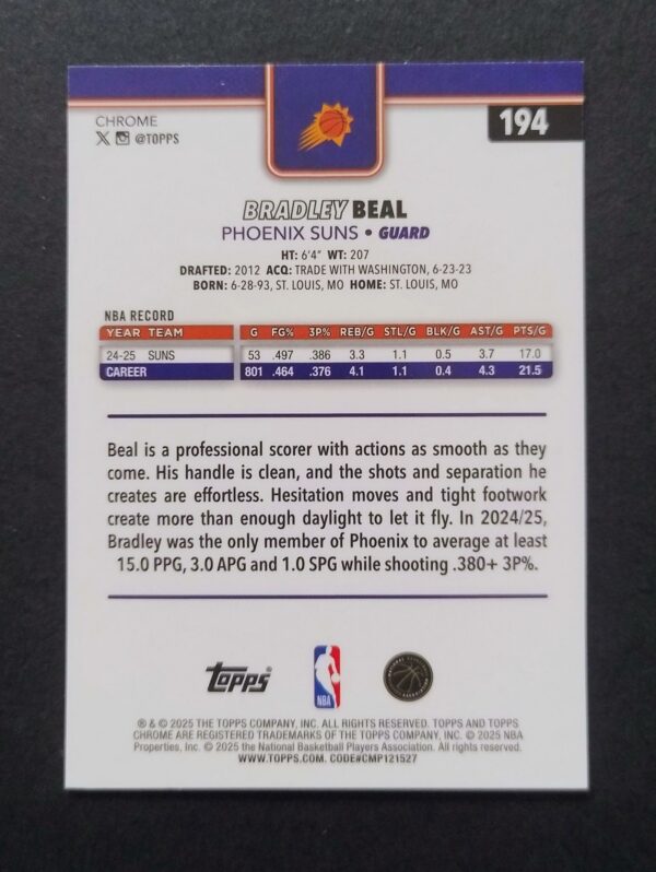 2025-26 Topps Chrome Bradley Beal #194 Hyper Prism Refractor