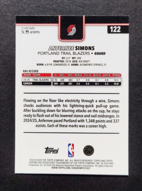 2025-26 Topps Chrome Anfernee Simons #122 Xfractor