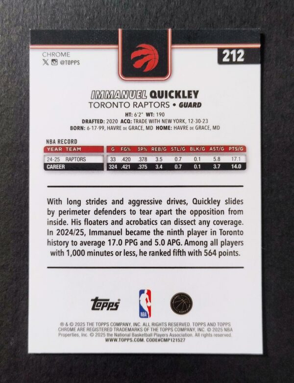 2025-26 Topps Chrome Immanuel Quickley #212 Xfractor