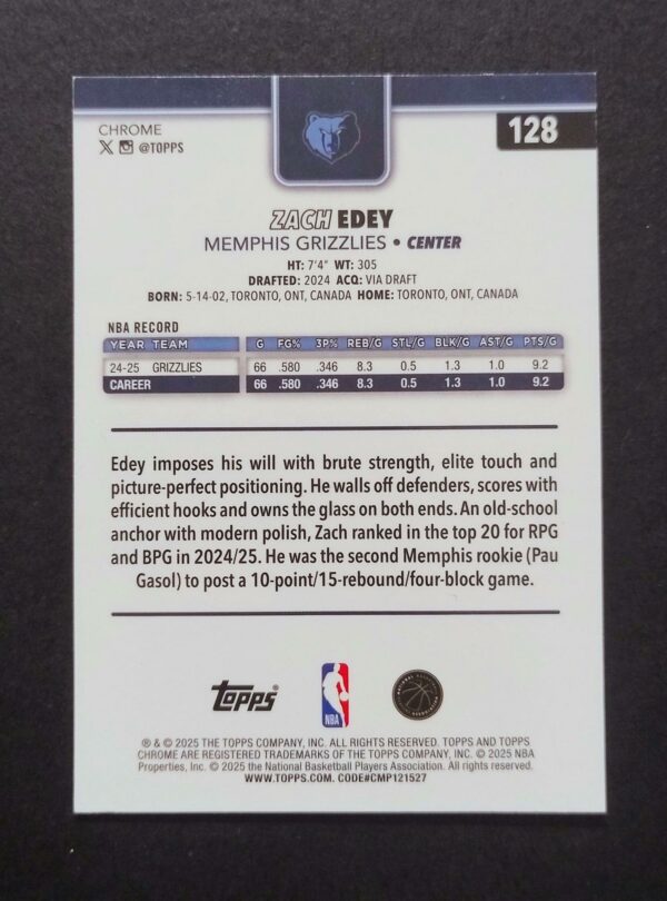 2025-26 Topps Chrome Zach Edey #128 Xfractor