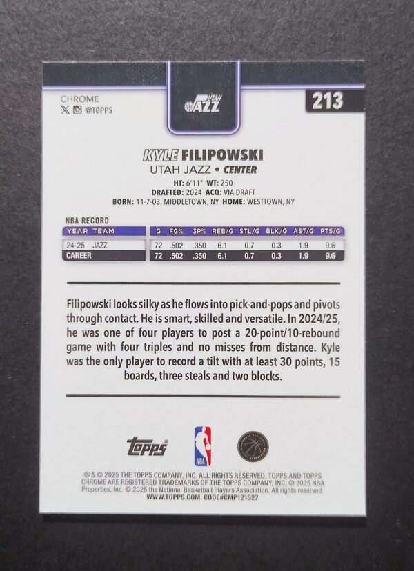 2025-26 Topps Chrome Kyle Filipowski #213 Xfractor