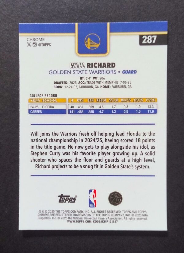 2025-26 Topps Chrome Will Richard #287 Xfractor RC