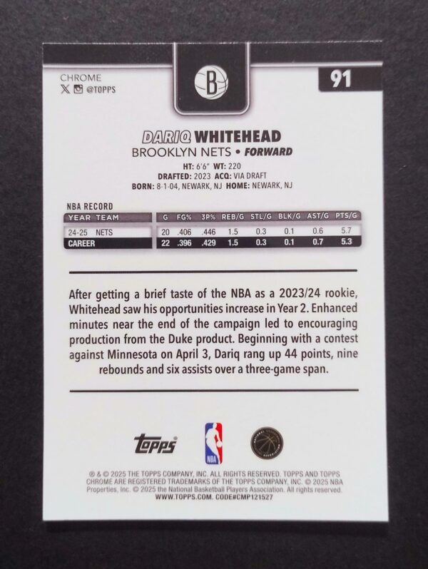 2025-26 Topps Chrome Dariq Whitehead #91 Xfractor
