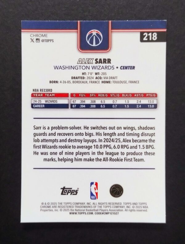 2025-26 Topps Chrome Alex Sarr #218 Xfractor