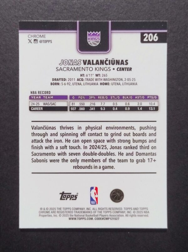 2025-26 Topps Chrome Jonas Valanciunas #206 Hyper Prism Refractor