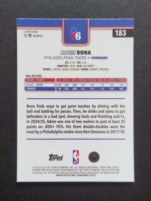 2025-26 Topps Chrome Adem Bona #183 Xfractor