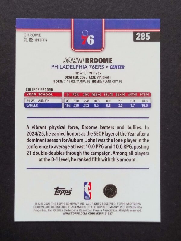 2025-26 Topps Chrome Johni Broome #285 Xfractor RC