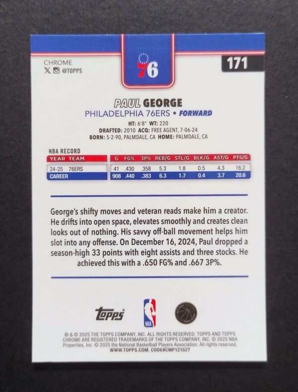 2025-26 Topps Chrome Paul George #171 Xfractor