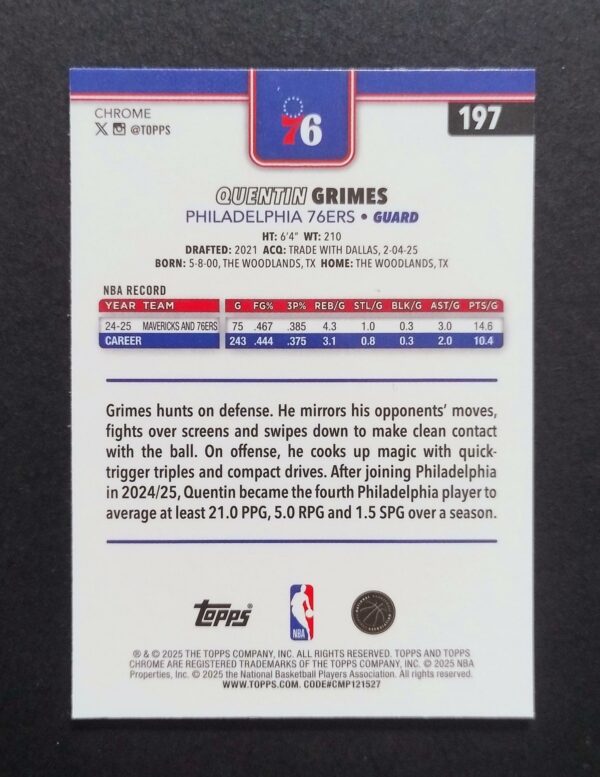 2025-26 Topps Chrome Quentin Grimes #197 Xfractor