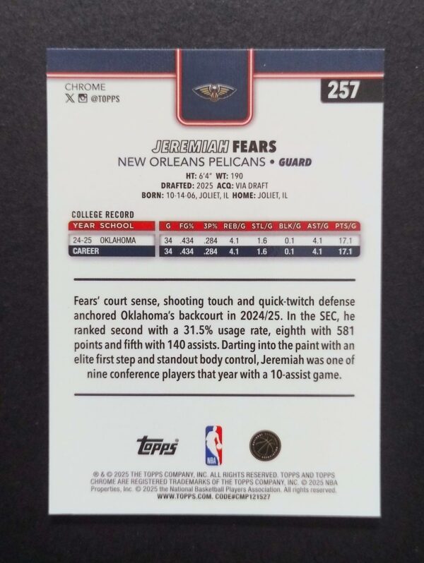 2025-26 Topps Chrome Jeremiah Fears #257 Xfractor RC