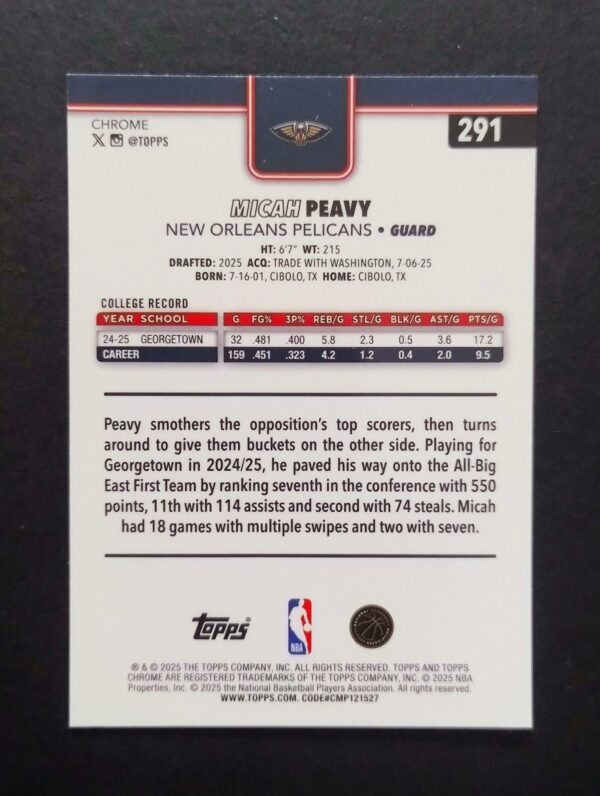 2025-26 Topps Chrome Micah Peavy #291 Xfractor RC