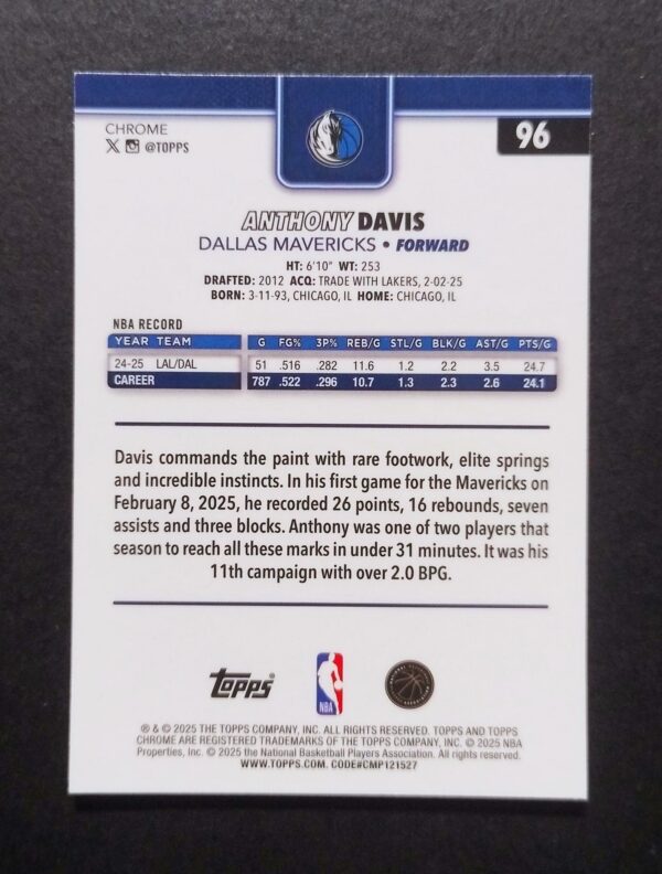 2025-26 Topps Chrome Anthony Davis #96 Xfractor