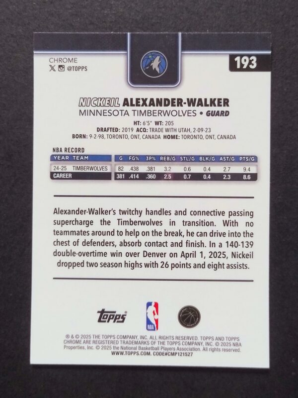 2025-26 Topps Chrome Nickeil Alexander-Walker #193 Xfractor