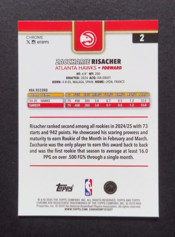 2025-26 Topps Chrome Zaccharie Risacher #2 Xfractor