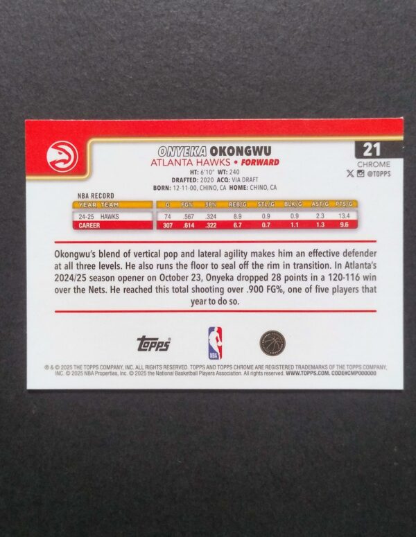 2025-26 Topps Chrome Onyeka Okongwu #21 Xfractor