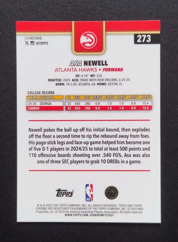 2025-26 Topps Chrome Asa Newell #273 Xfractor RC