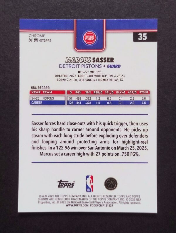 2025-26 Topps Chrome Marcus Sasser #35 Xfractor