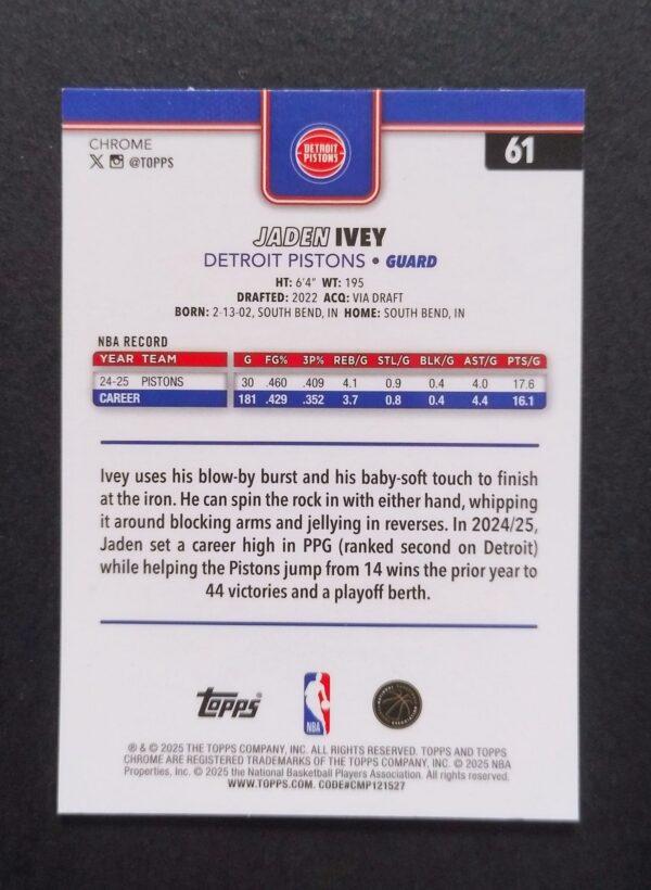 2025-26 Topps Chrome Jaden Ivey #61 Xfractor