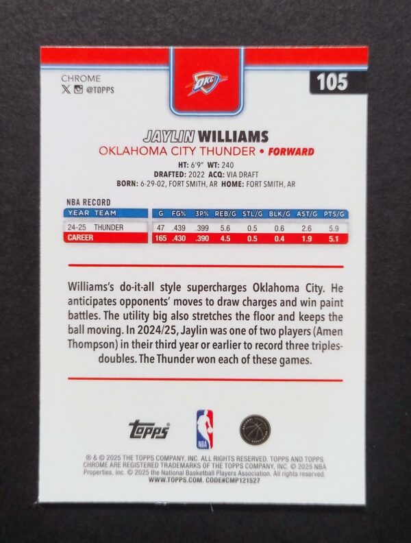 2025-26 Topps Chrome Jaylin Williams #105 Xfractor