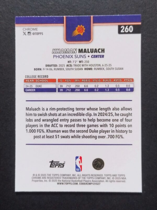 2025-26 Topps Chrome Khaman Maluach #260 Xfractor RC