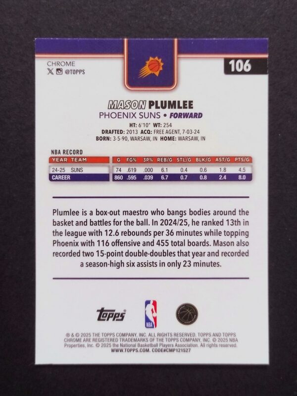 2025-26 Topps Chrome Mason Plumlee #106 Xfractor