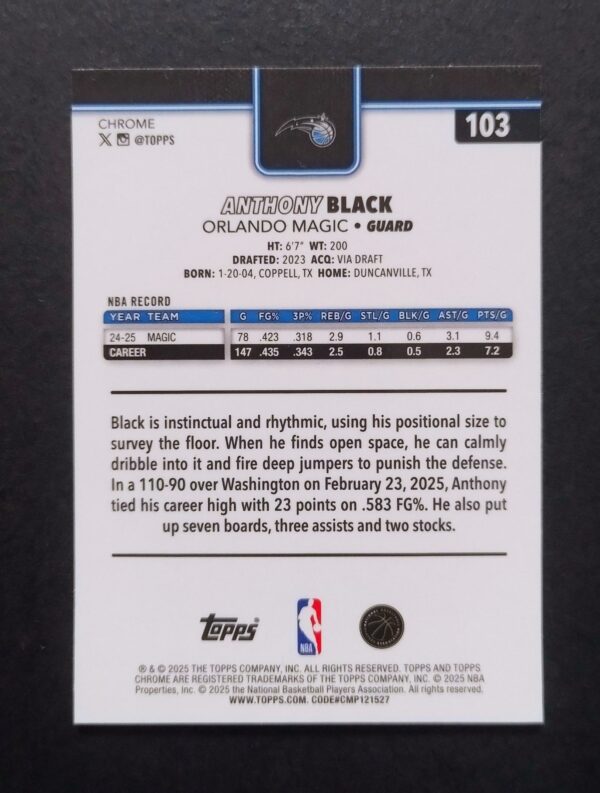 2025-26 Topps Chrome Anthony Black #103 Xfractor