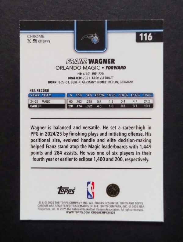 2025-26 Topps Chrome Franz Wagner #116 Xfractor