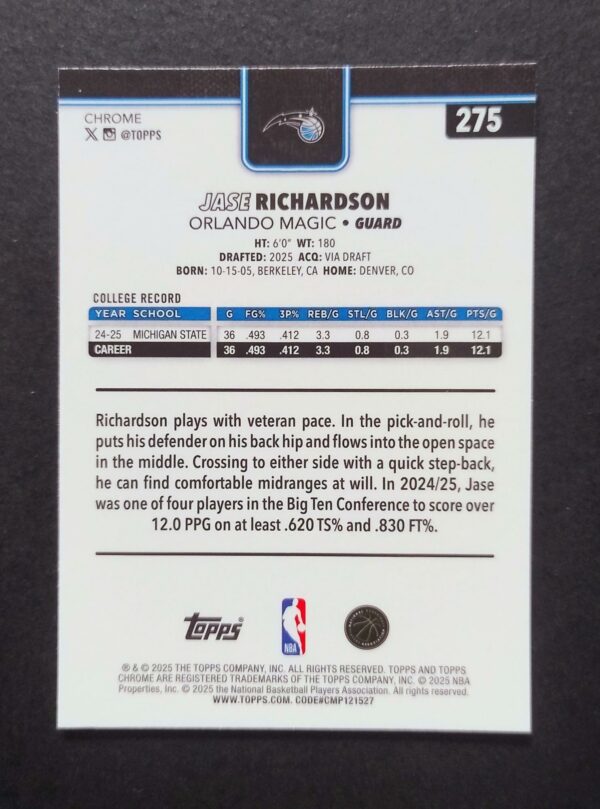 2025-26 Topps Chrome Jase Richardson #275 Xfractor RC